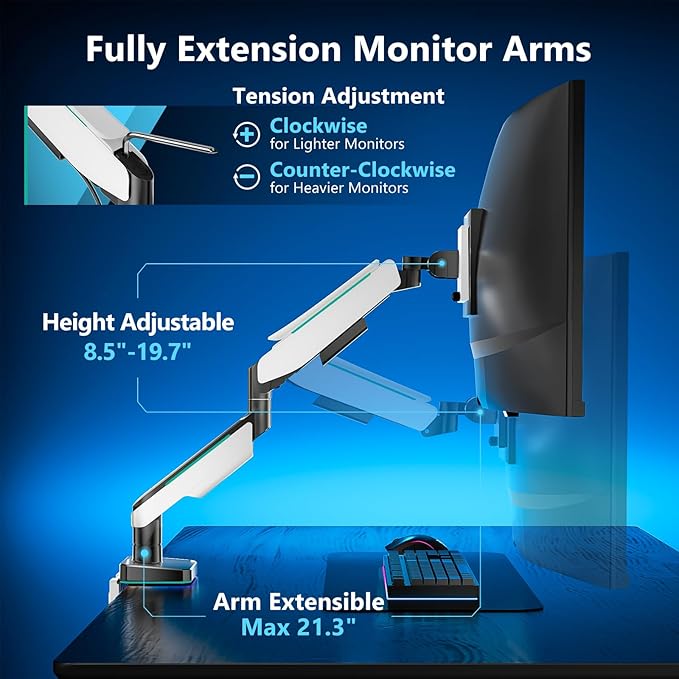 WALI Heavy Duty Monitor Arm, Monitor Stand for Screen up to 49 inch, 44 lbs, Aluminum Ultrawide Computer Mount for Samsung Odyssey G9, Adjustable, Mounting Holes 75 and 100 (GAM001XL), White