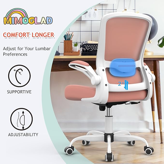 Mimoglad Ergonomic High Back Mesh Office Chair, Adjustable Lumbar Support, Thickened Seat Cushion (Modern, Spanish Pink)