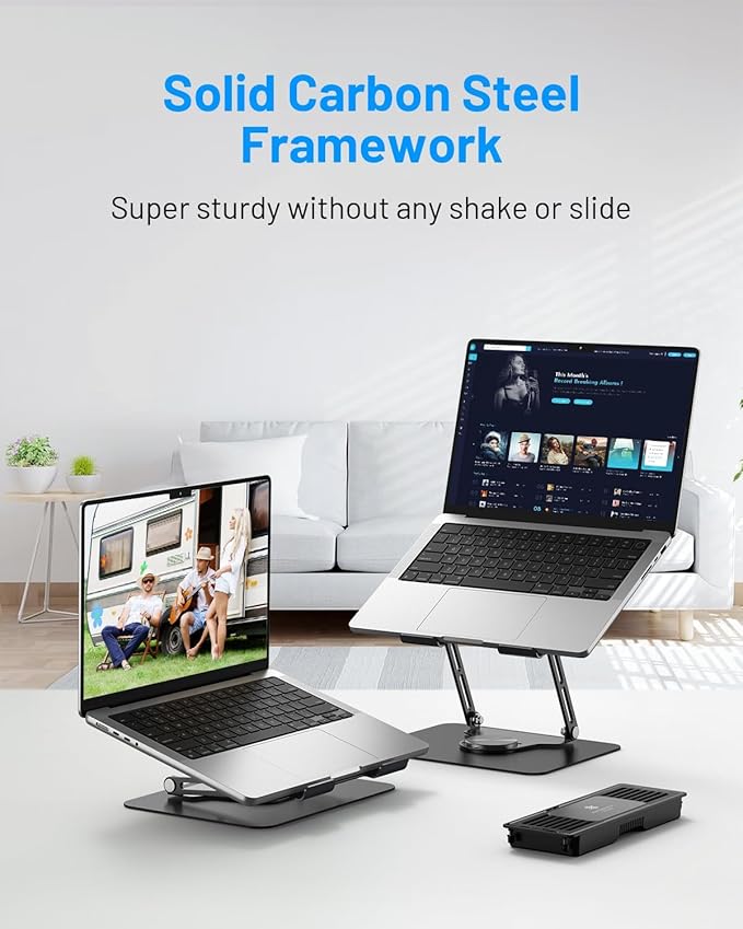 Laptop Cooling Stand with Detachable Thermoelectric Cooler, Adjustable Height & Angle, 360 Rotation Base, Carbon Steel Framework, Ultra-Quiet & Super Sturdy for up to 15.6” Laptop (Black)