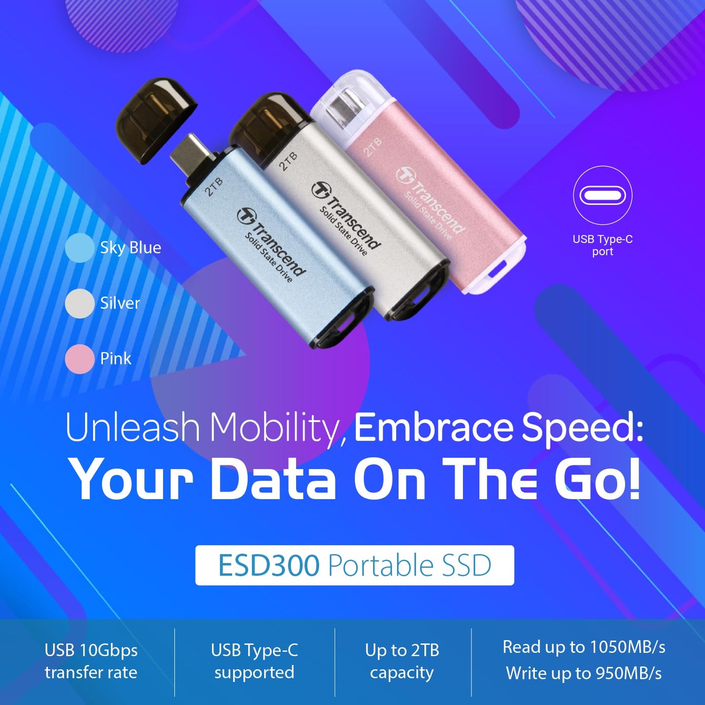 Transcend 2TB External SSD, USB 3.2 Gen2, Up to 1,050MB/s, Portable SSD with Type C, for Steam Deck, ROG Ally, MSI Claw, Windows & Mac, iPhone, iPad, Android, PS5, Xbox, Smart TV, Pink