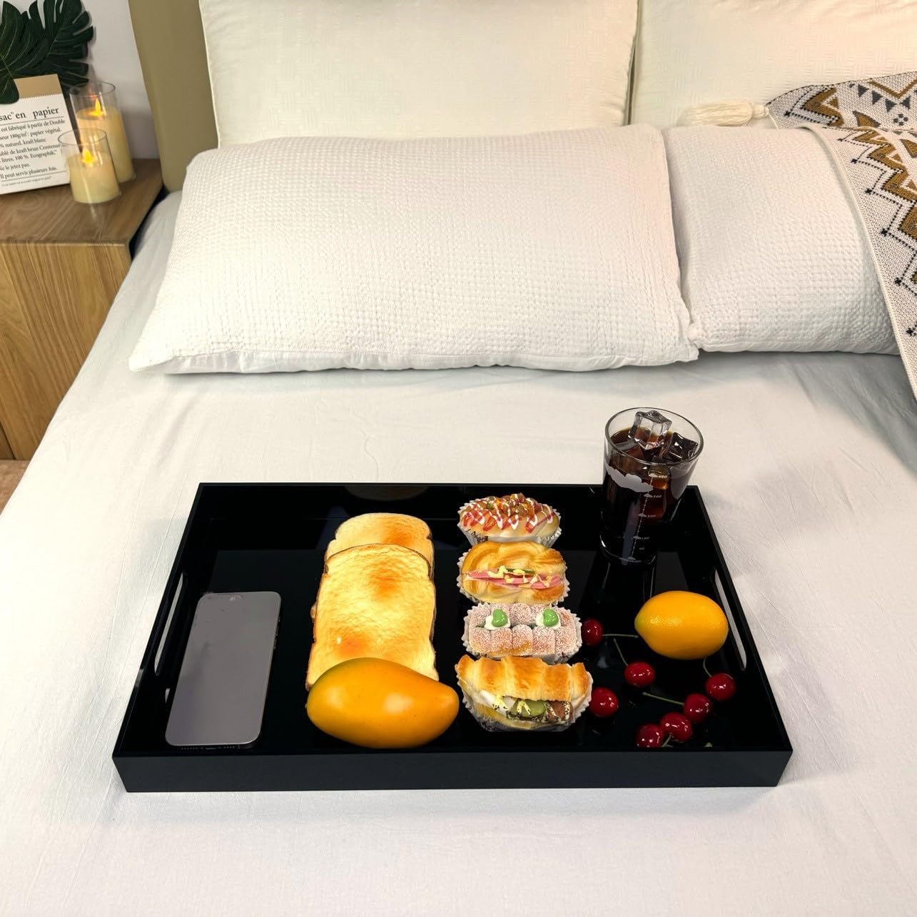 Glossy Black Sturdy Acrylic Serving Tray with Handles-12x20Inch-Serving Coffee,Appetizer,Breakfast,Butler-Kitchen Countertop Makeup Drawer Organizer-Vanity Table Ottoman Decorative Tray