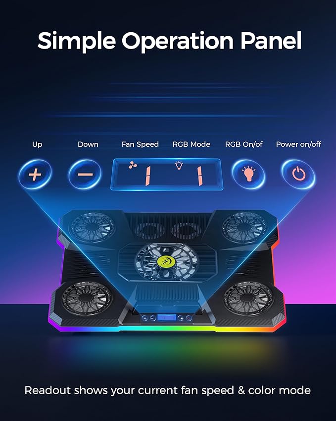 ChillCore Laptop Cooling Pad, RGB Lights Laptop Cooler 9 Fans for 15.6-19.3 Inch Laptops, Gaming Laptop Fan Cooling Pad with 8 Height Stands, 2 USB Ports - A21 Blue