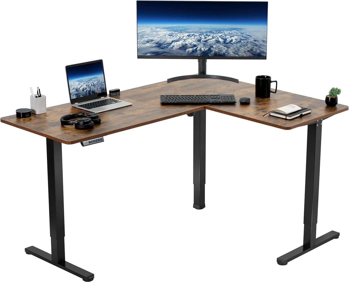 VIVO Electric Corner L-Shaped 63 x 47 in Rustic Standing Desk, Memory Height Adjustment, Vintage Brown Top Black Frame, DESK-E3CTN-47