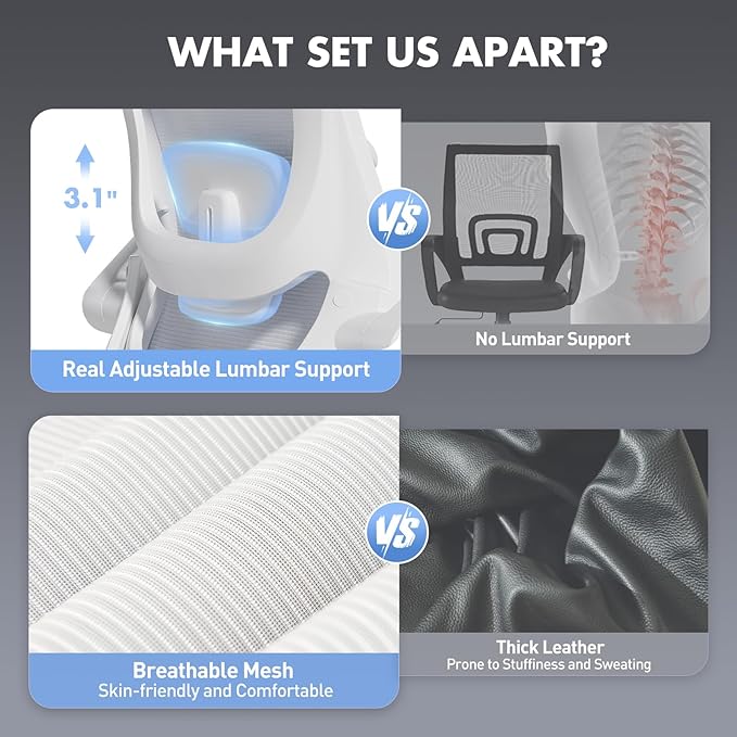 High Back Office Chair with Adjustable Lumbar Support & Headrest, Ergonomic Mesh Desk Chair with Flip-Up Armrests, Breathable & Comfortable Computer Chair for Home, Office & Study, White