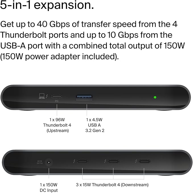 Belkin Connect Thunderbolt 4 Docking Station, 5-in-1 USB-C Multiport Core Hub w/ 96W Power Delivery for Mac, Windows, Single 8K or Dual 4K Display, Thunderbolt 4 Cable & Power Supply Included