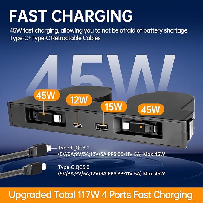 USB Hub for Tesla Model Y Juniper 2025 2026 Model 3 Highland 2024 2025 with Sunken Design, 117W Dual Type-C Retractable Cables 4 in 1 Multi Port Fast Charger Docking Station fit Center Console