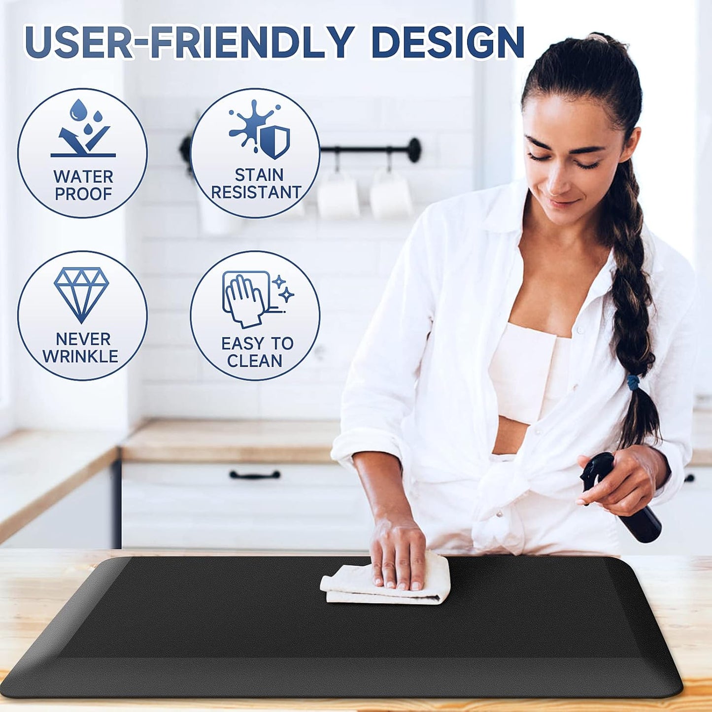 4/5 Inch Thick Kitchen Mats for Floor, StepRite Kitchen Rug for Standing Desk, Non-Slip, Thicker, Stain Resistant, Waterproof, Comfort Anti Fatigue Floor Mat for Home, Kitchen, Office - Black,70*24''