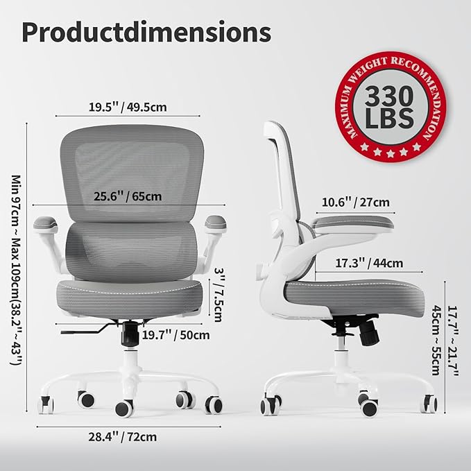 TRALT Ergonomic Office Chair - Desk Chair with Adjustable Lumbar Support Computer Chair - Mesh Comfy Chair with Flip-up Armrests - Gaming Chairs for Adults Home Office (Leather, Grey)