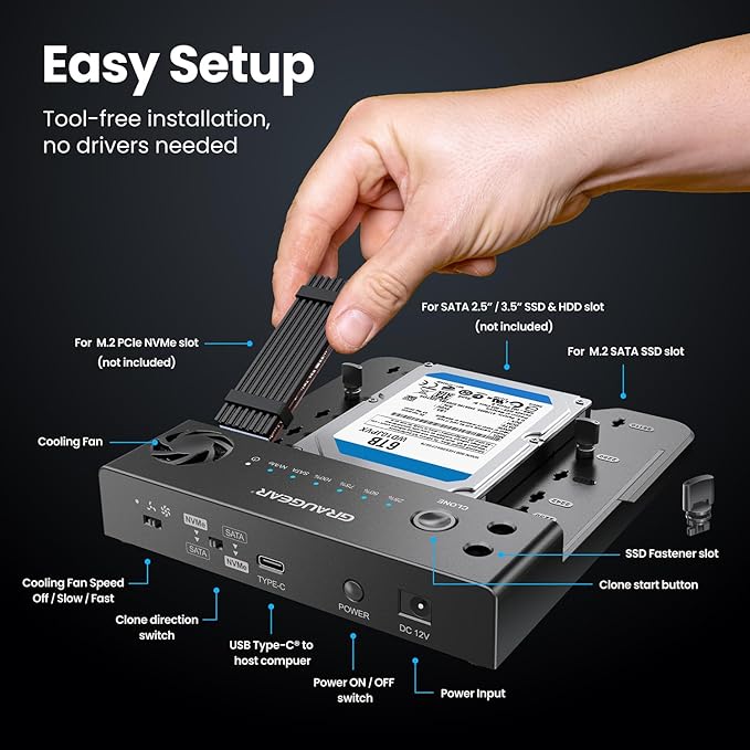 GRAUGEAR M.2 NVMe & SATA SSD/HDD Docking Station, USB-C 10Gbps Clone Station for M.2 PCIe NVMe + SATA 2.5”/3.5” SSD & HDD Converter, Offline Cloning, Tool-Free, Built-in Cooling Fan