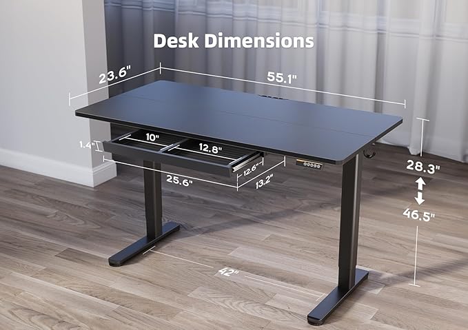 YDN Standing Desk with Drawers, 55 x 24 Inch Adjustable Height Stand Up Desk, Sit Stand Computer Desk for Home Office, Black