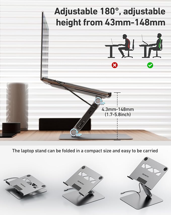 BENFEI Laptop Stand with USB C 7in1 Docking Station,HDMI 4K@60Hz,1*SD 1*Micro SD,100W Power Delivery,10Gbps 1*USB C 3.2 and 2*USB A 3.2 Compatible with MacBook Pro/Air, iPad Pro, XPS, Thinkpad
