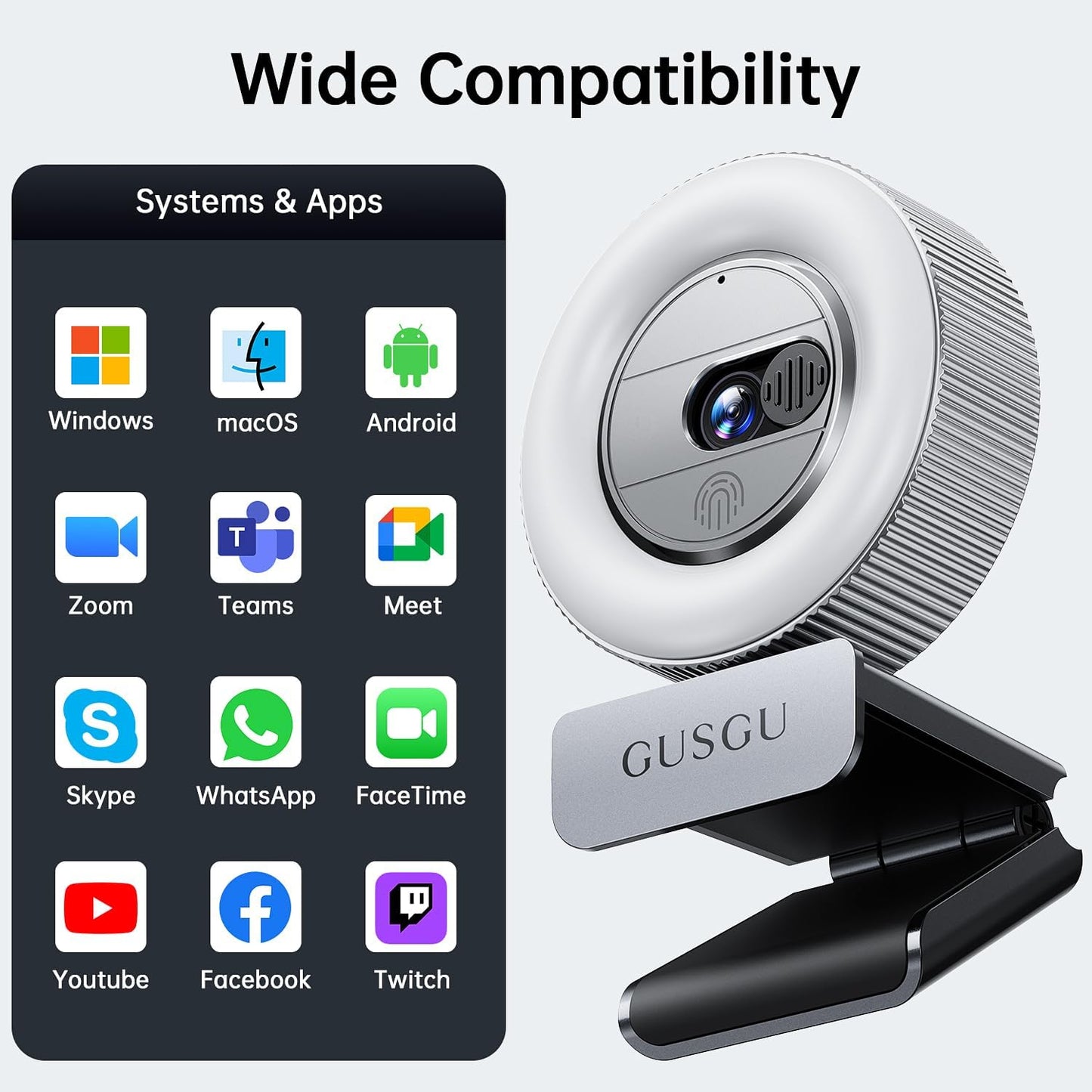 GUSGU G910 2K Quad HD Webcam for PC, with Microphone & Light & Privacy Cover, Web Camera for Desktop Computer/Laptop/MacBook, USB Streaming Camera
