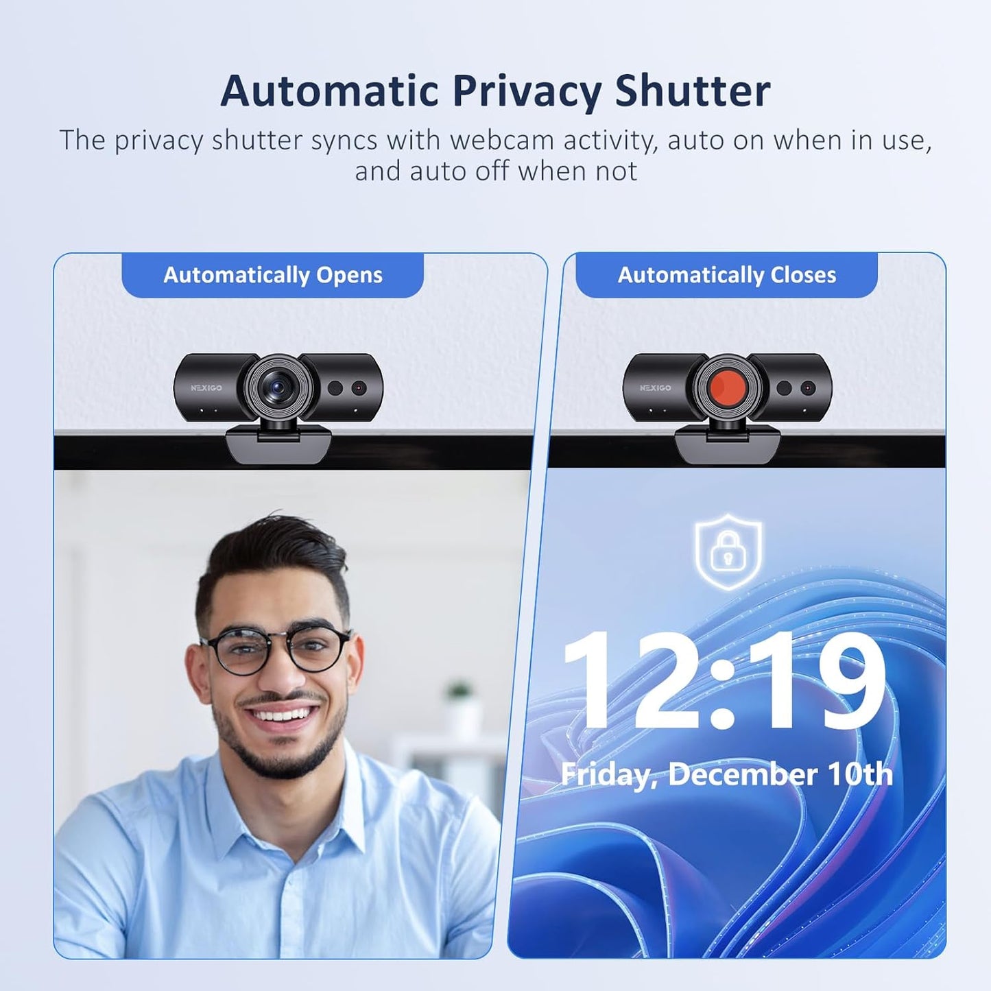 NexiGo HelloCam Pro, Webcam with Windows Hello, 1080P 60FPS Autofocus, True Privacy, Automatic Electronic Shutter, Computer Camera, Microphone, Facial Enhancement, HD USB Web Cam
