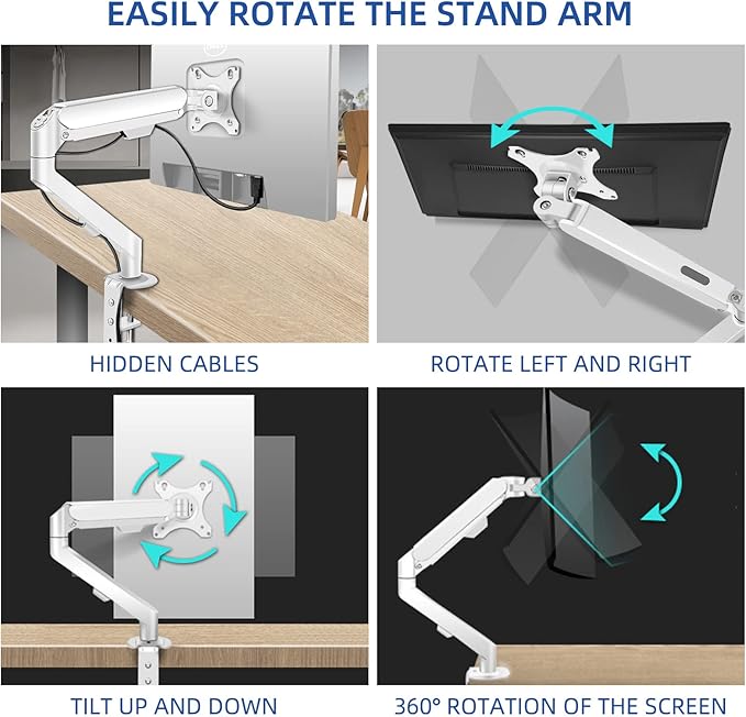 White Single Monitor Arm Mount 17 to 34 inch Articulating Gas Spring Arm 4.4 to 19.8lbs Adjustable Vesa 100 * 100mm Desk Stand with Clamp and Grommet LCD Computer Brachet M5W