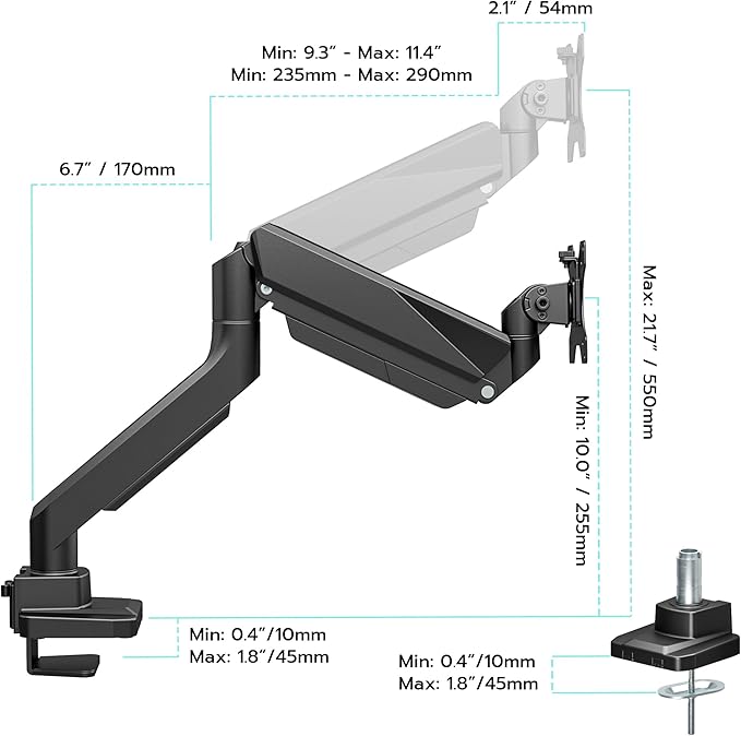ARES WING Ultrawide Single Monitor Arm, Heavy Duty Monitor Mount for 13"-45" Curved Screens, Adjustable Stand for Desk with C-clamp & Grommet Base up to 40 LBS, Black