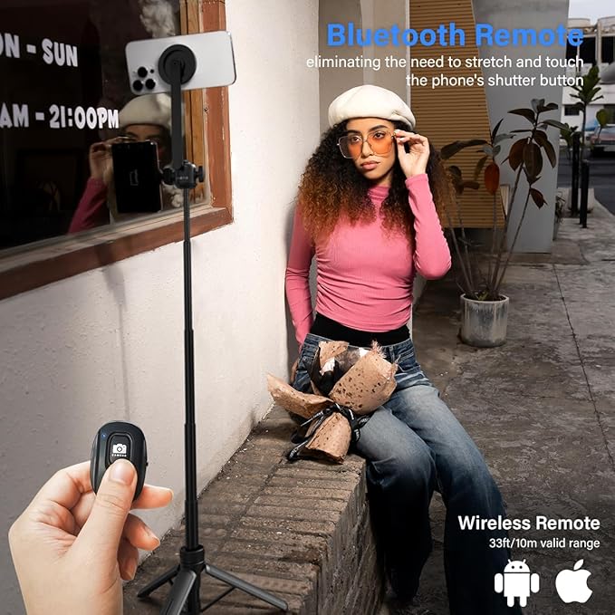 PHOPIK 35" Magnetic Selfie Stick Phone Tripod, Extendable Phone Tripod with Cold Shoe and Remote,Compatible with iPhone/Android/Sport Camera Perfect for Video Recording/Selfies/Insta360 x5（Black）