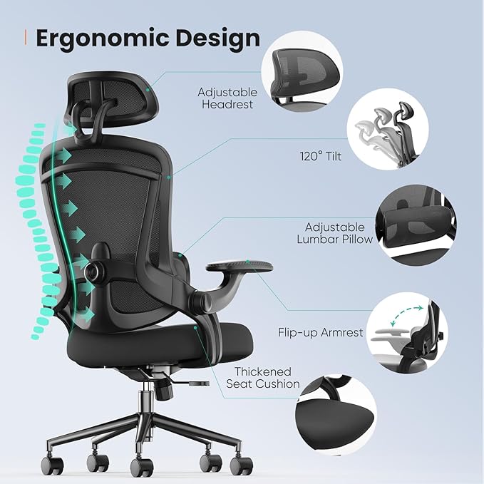 DUMOS Ergonomic Mesh Office Chair - High Back Executive Chair with 2D Headrest & Up&Down Lumbar Support | Adjustable Flip-Up Arms, 330lbs Heavy Duty for Home Office/Gaming (Inky)