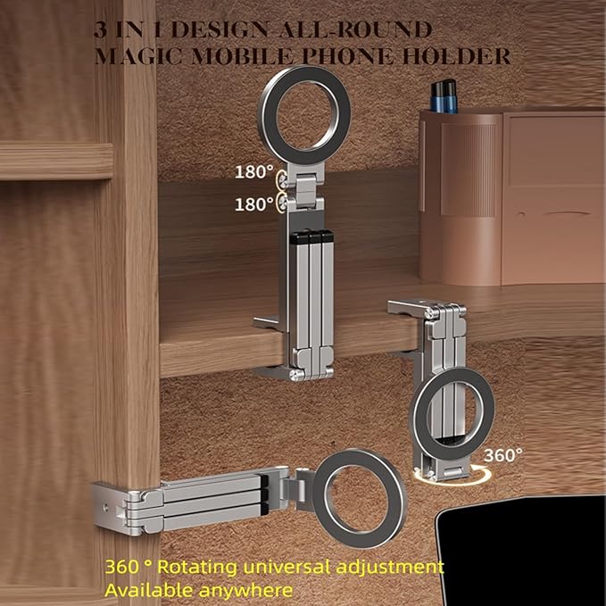 Esimen Magnetic Phone Tripod Stand for iPhone 16/15/14/13/12 Series, Foldable Pocket-Size Alloy Holder with 360° Rotation, Strong MagSafe Grip, 1/4" Screw Mount, Portable Desk & Travel Vlog Stand
