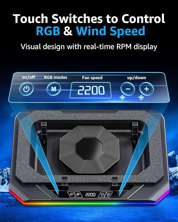 MOUNTUP RGB Laptop Cooling Pad for 13-19 Inch, Max 3500RPM Gaming Laptop Cooler, Cooling Pad Stand with Touch Switch to Control Speed, Laptop Fan Cooling Pad with Powerful 4.72 Inch Turbo Fan