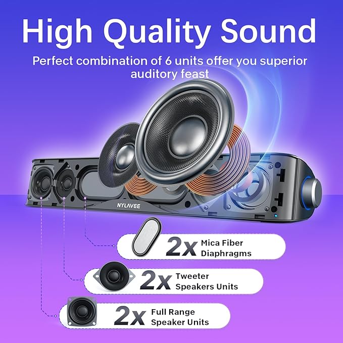 Computer Speakers, HiFi Sound Quality Computer Sound Bar, USB Powered PC Speakers, Bluetooth 5.0 and 3.5mm Aux-in Computer Speakers for Desktop, Laptops, PCs, Phones, Tablets, Xbox, Gaming Speakers
