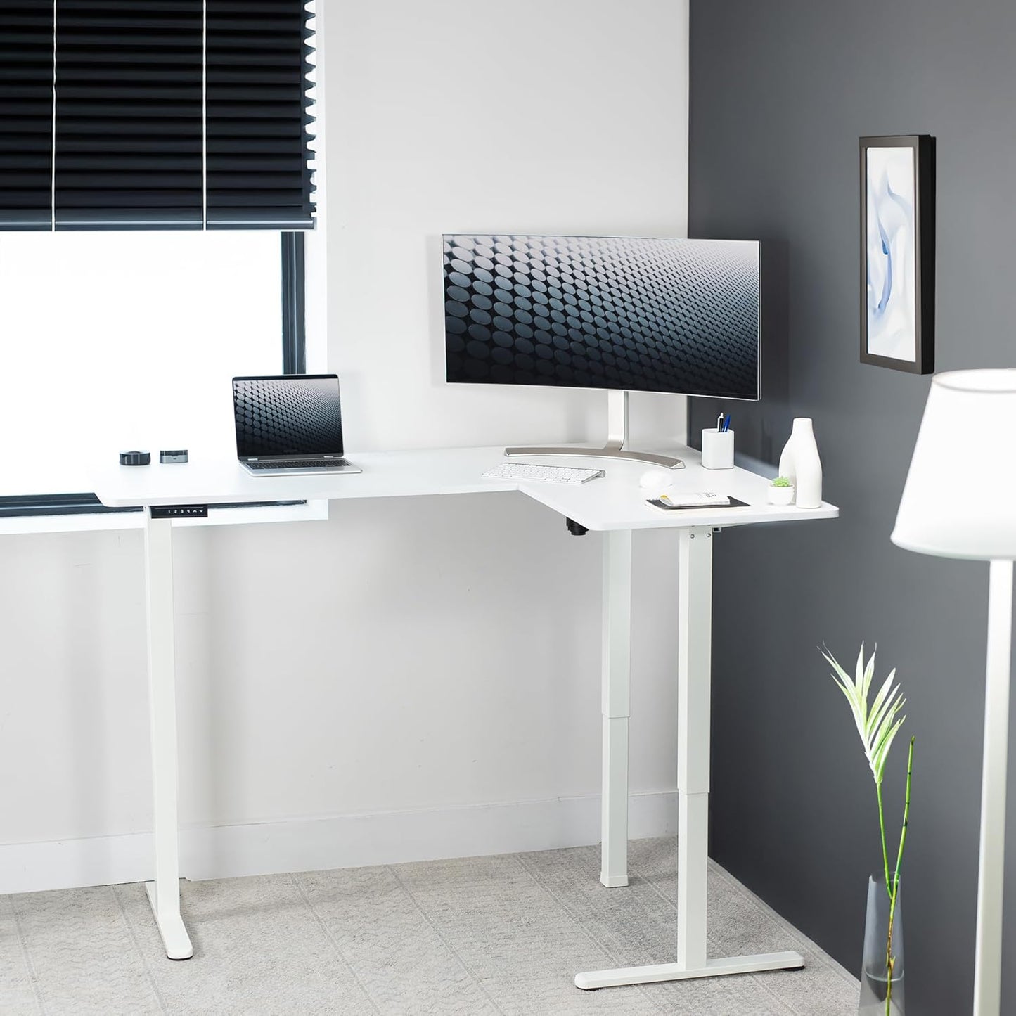 VIVO Electric Corner L-Shaped 63 x 47 in Standing Desk, Memory Height Adjustment, White Top White Frame, DESK-E3CTW-47