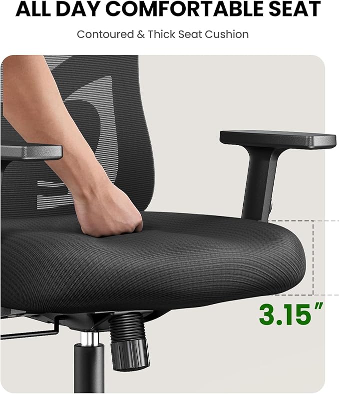 Marsail Ergonomic Office Chair Ergonomic Gaming Chair with Lumbar Support, 2D Headrest, Adjustable Armrests, Contoured Seat Cushion, Computer Desk Chair with Wheels for Home and Office