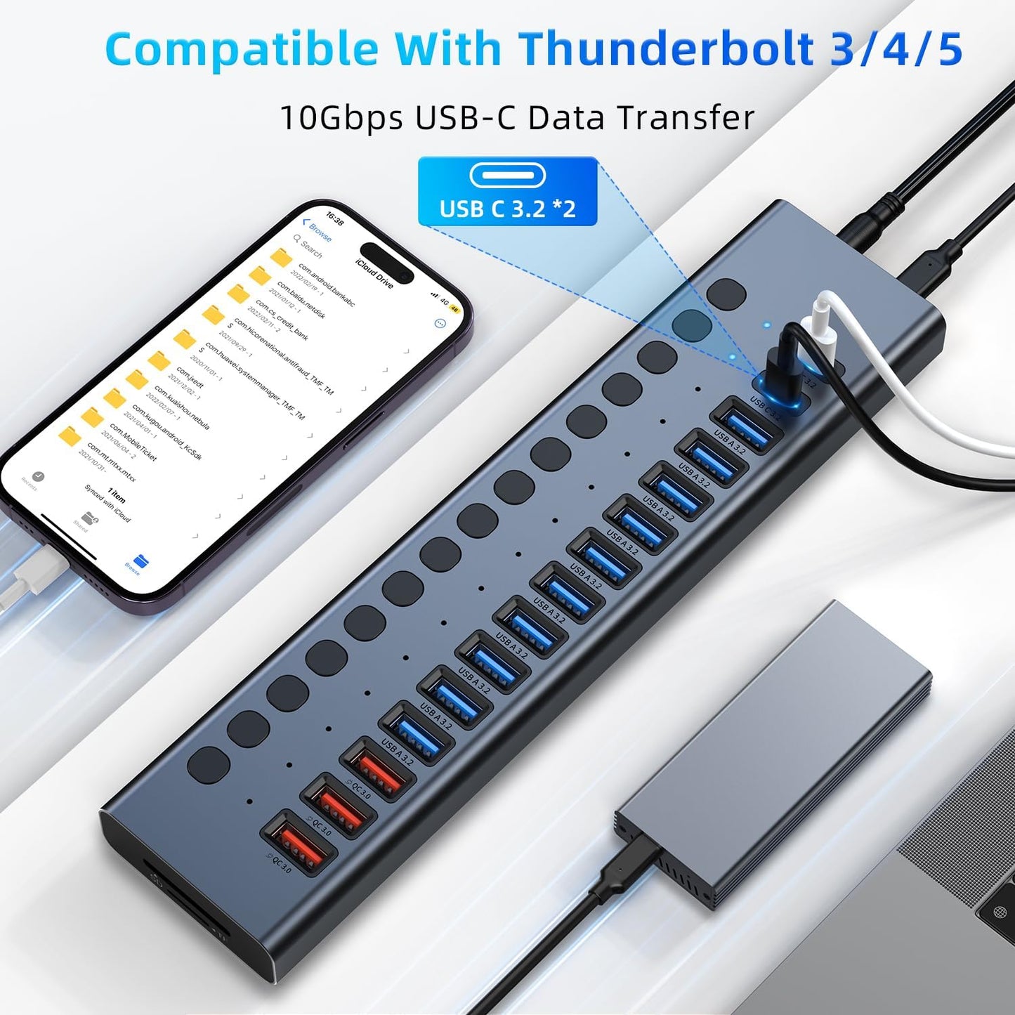 Powered USB Hub 10Gbps, 17 Ports 96W USB 3.2 Hub(10 USB-A 3.2 Ports+3 QC 24W Fast Charging Ports+2 USB-C 3.2 Ports+SD/TF Card Reader), 12V/8A Power Adapter for Laptop, PC, Computer, HDD,Flash Drive