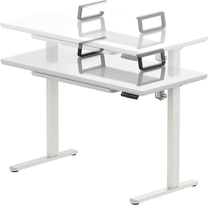 SHW 48x24 Glass Electric Height Adjustable Standing Desk – Motorized Sit Stand Desk with Monitor Riser, Pull-Out Drawer, Memory Presets, White