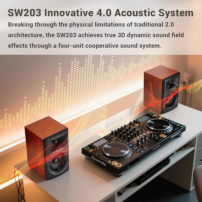 SW203 4.0 Computer Speakers - 60W 4-Way DSP Control 3D Immersive Sound - 3" Carbon Fiber Woofer & 20mm Silk Dome Tweeter - 24bit DAC USB/Bluetooth 5.4/AUX - Studio-Grade Audio (Pair, Red)