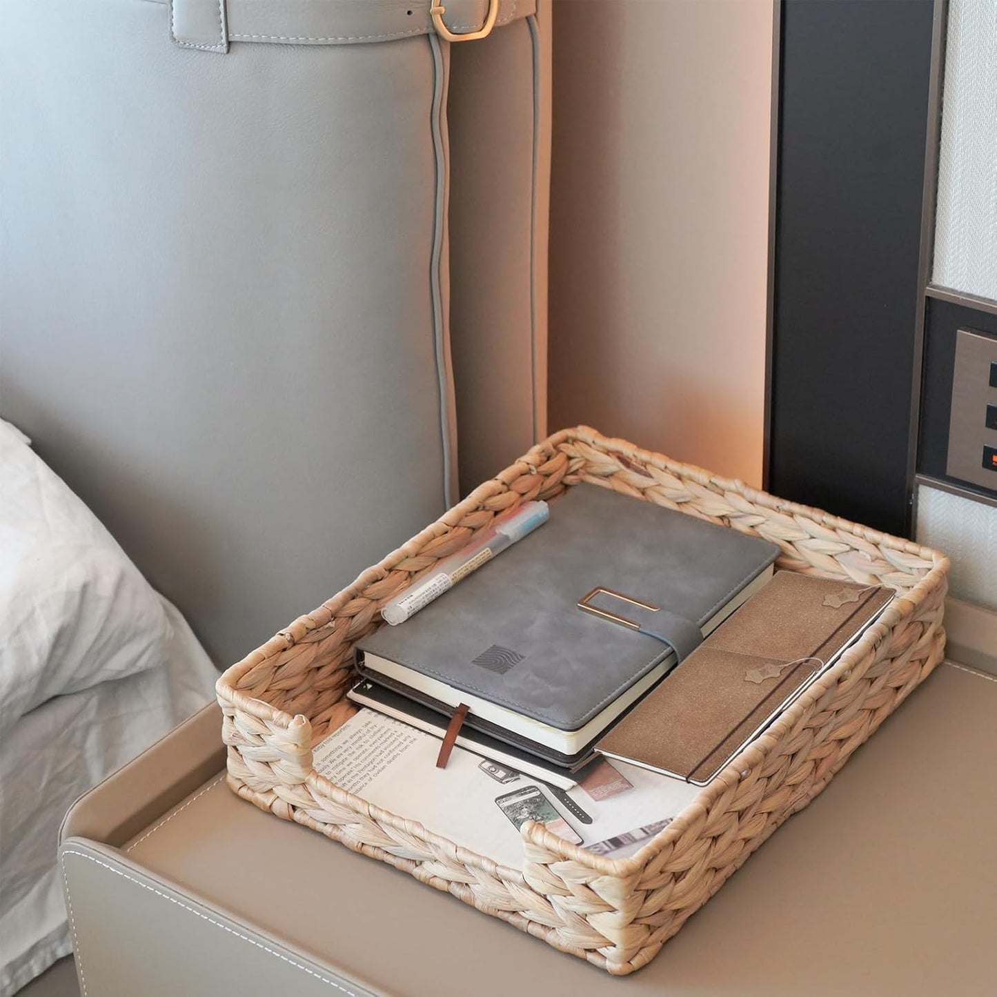 PINXIURY Water Hyacinth Letter Tray for A4 File Desk Mail Letter-Size Paper, Basket Woven Organizer, Magazine Files Storage, Office Document Organizer and Storage