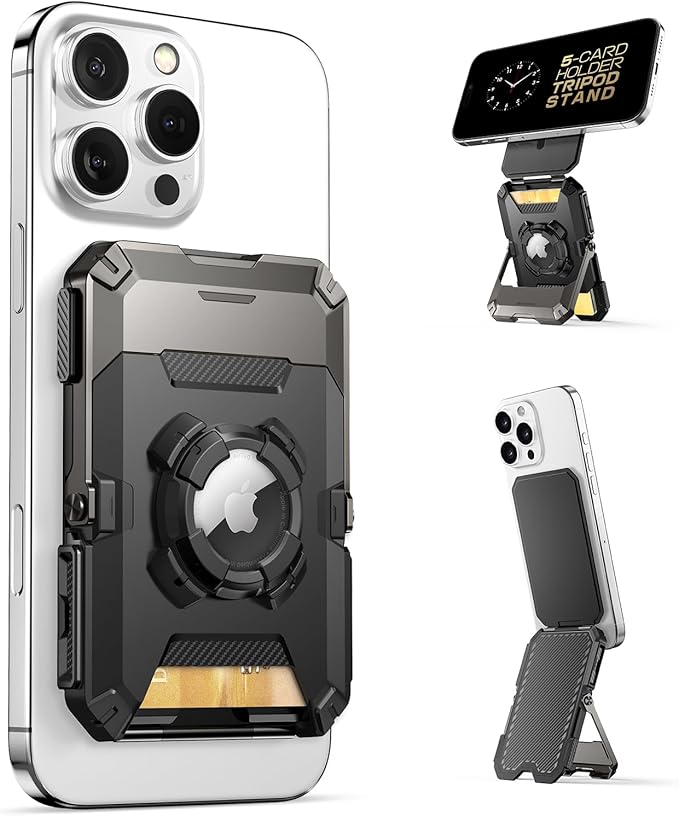 SUPCASE for MagSafe Wallet with AirTag Holder, Magnetic Airtag Wallet for Men, [Hold 5 Cards] [Adjustable Stand] [RFID Blocking] Phone Stand Card Holder Tripod for iPhone 16/15/14/13/12 Series, Dark