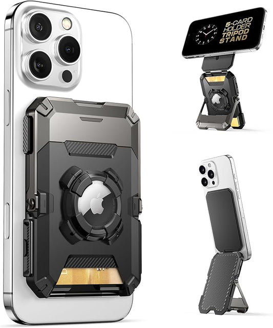 SUPCASE for MagSafe Wallet with AirTag Holder, Magnetic Airtag Wallet for Men, [Hold 5 Cards] [Adjustable Stand] [RFID Blocking] Phone Stand Card Holder Tripod for iPhone 16/15/14/13/12 Series, Dark
