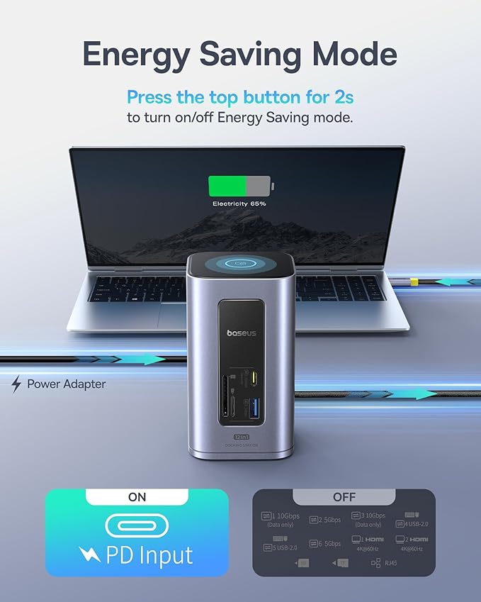 Baseus Docking Station Dual Monitor, Nomos Win Air(12 in 1) Laptop Dock, 2*4K HDMI, 10Gbps USB Ports, 1Gbps Ethernet, PD 100W(No Power Adapter), USB C Docking Station for Dell/HP/Lenovo/Asus/Acer/Mac