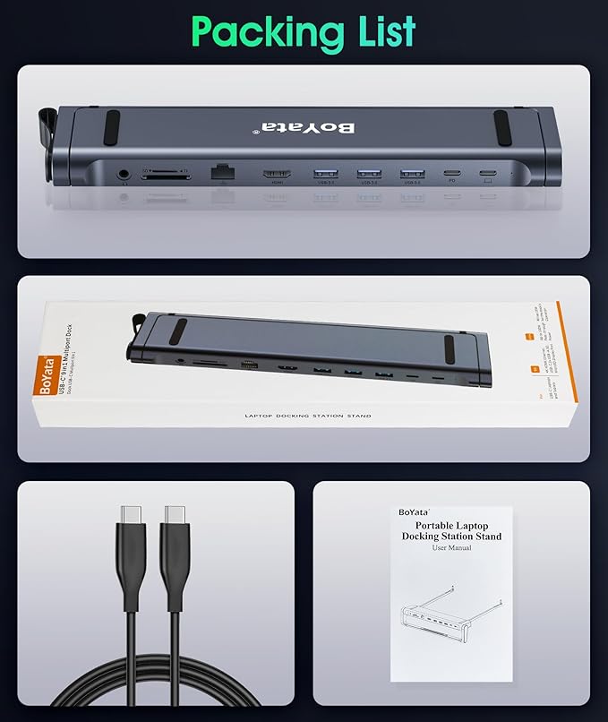 BoYata USB-C Laptop Docking Stand, 9 in 1 Aluminum USB C Dock Tablet Stand with 4K HDMI, 3 USB 3.0, PD 100W, Portable Docking Station for MacBook Pro/Air/Dell/HP/Surface/Lenovo, Plug and Play
