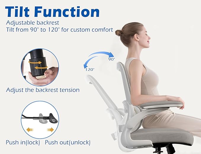 TRALT Ergonomic Office Chair - Desk Chair with Adjustable Lumbar Support Computer Chair - Mesh Comfy Chair with Flip-up Armrests - Gaming Chairs for Adults Home Office (Leather, Grey)