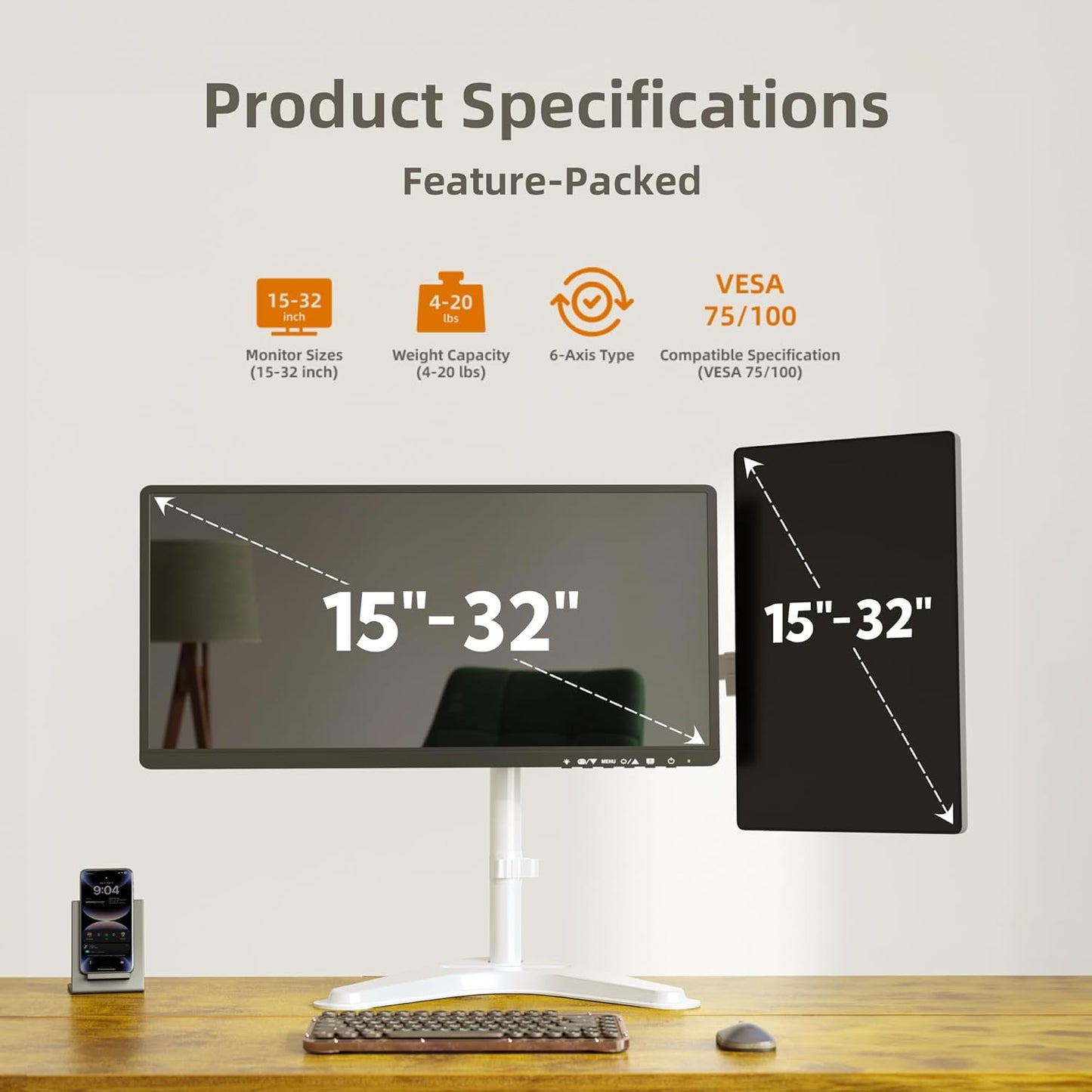 Claiks Dual Monitor Mount, Ergonomic Adjustable Monitor Arm for Max 32 inch Screens, Adjustable Computer Monitor Stand up to 40 lbs, VESA Mounting Holes 75&100mm, White