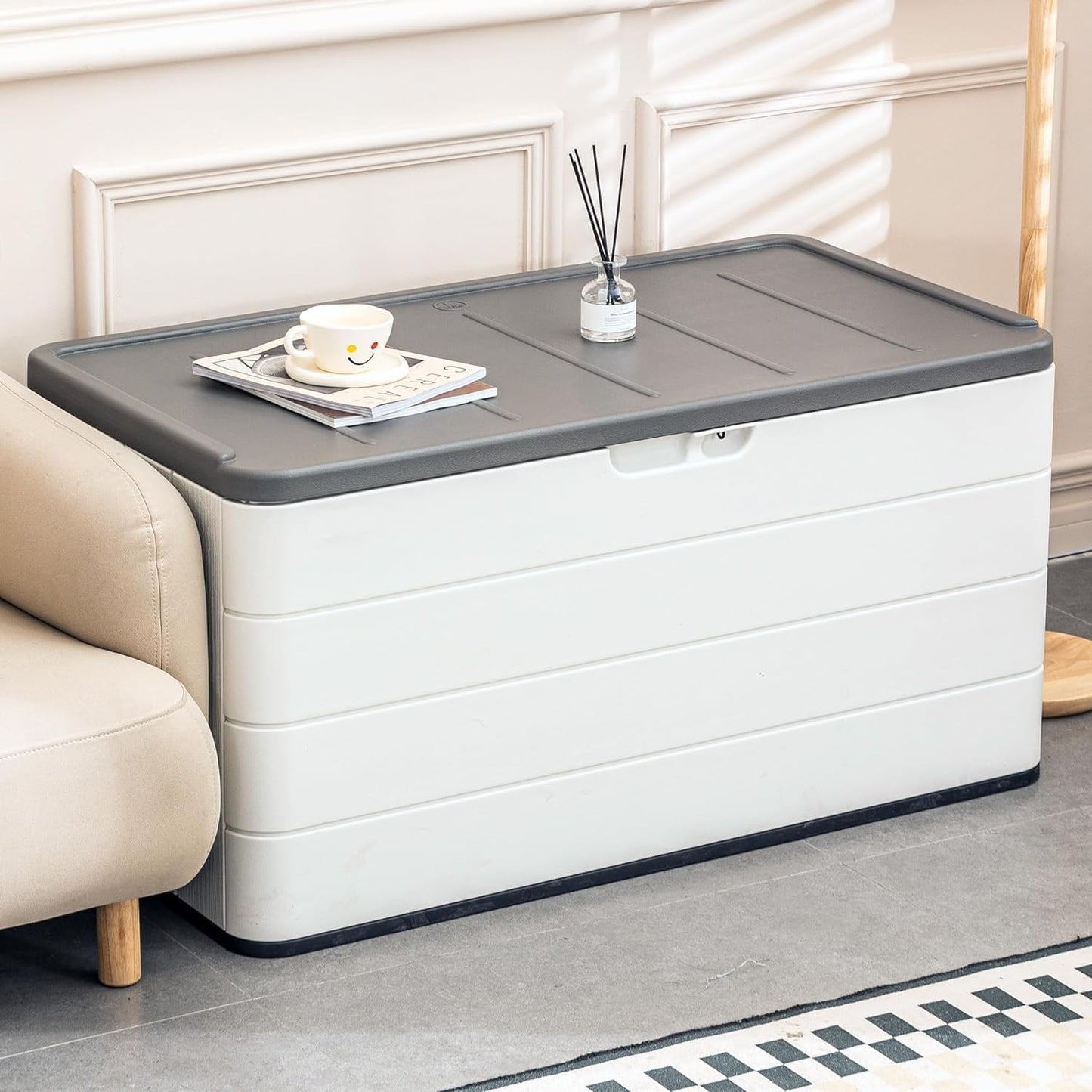 100 Gallon Outdoor Storage Box Waterproof Lockable Resin Deck Box Large, Patio Storage Bin for Pool Accessories Cushion Furniture, Garden Tools, UV-Resistant Outside Delivery Black&White