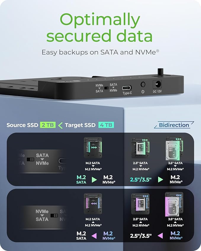M.2 NVMe & SATA SSD/HDD Docking Station, ICY BOX USB-C 10 Gbps Dual Bay Hard Drive Clone Station & Reader (SATA 2.5/3.5 Inch & M.2 NVMe), Two-Way Cloning, Tool-Free External Adapter