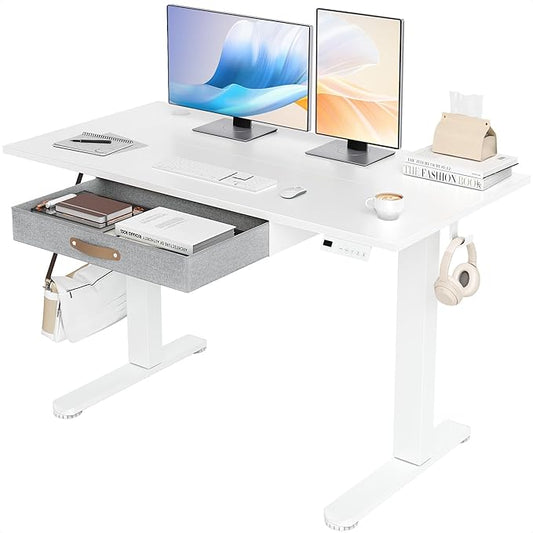 Seang Standing Desk with Drawer, 48" x 24" Height Adjustable Stand Up Desk, 3 Memory Height Settings with Cable Grommets & Storage Hooks, Ideal for Home & Office, White