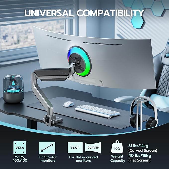 ARES WING Ultrawide Single Monitor Arm, Heavy Duty Monitor Mount for 13"-45" Curved Screens, Adjustable Stand for Desk with C-clamp & Grommet Base up to 40 LBS, Gray