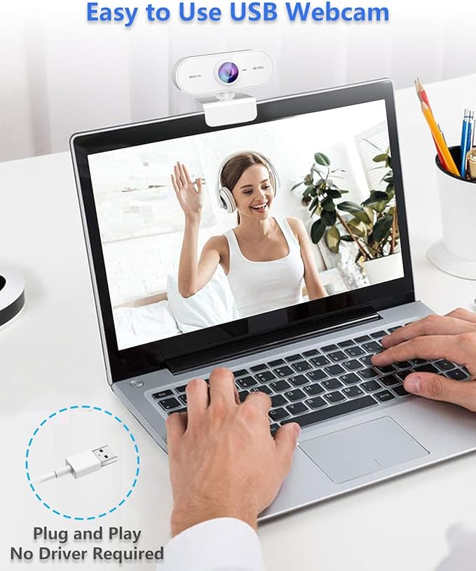 Webcam for pc with Microphone,Full HD 1080P White Streaming Web Cam for Mac Laptop, Mini USB C External Clip Computer Camera for Desktop,Cheap Facecam for Video Conference,Gaming Skype Meeting Teams