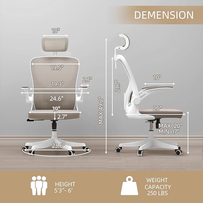 Monhey Office Chair Ergonomic Desk Chair with Lumbar Support&Headrest&Flip-up Arms Height Adjustable Rocking Swivel High Back Computer Chair Warm Taupe Mesh Study Chair (04White+Khaki)
