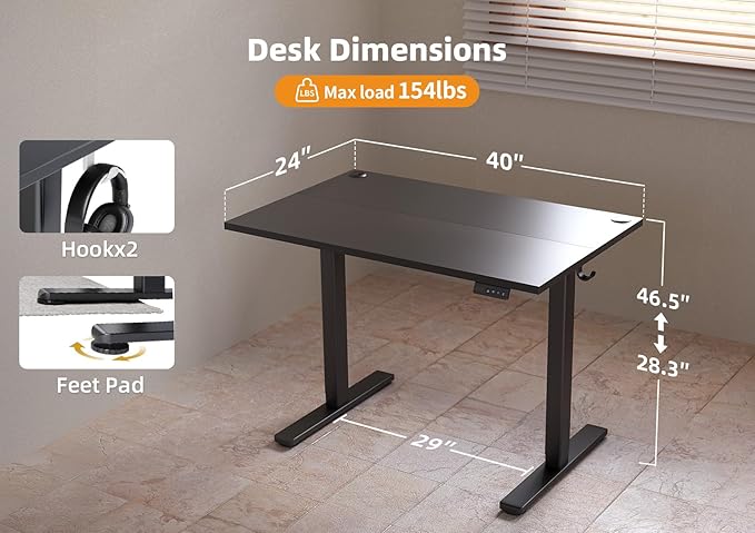 Seang Standing Desk with Adjustable Height, 40x24 Inch Electric Stand Up Desk for Home Office, Studio, Computer Workstation, Black Top