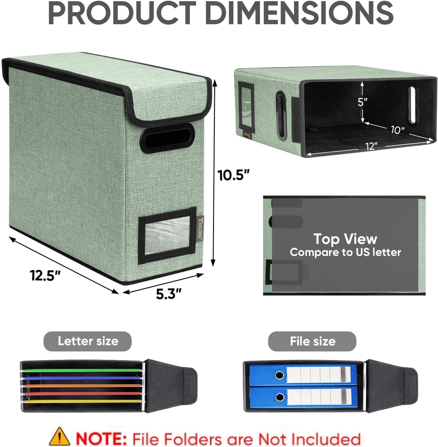 BALEINE File Organizer Box with Lid, Collapsible File Folder Organizer with Plastic Slide, Hanging File Folder Box for Office Document Storage (2 Pack, Green, S)