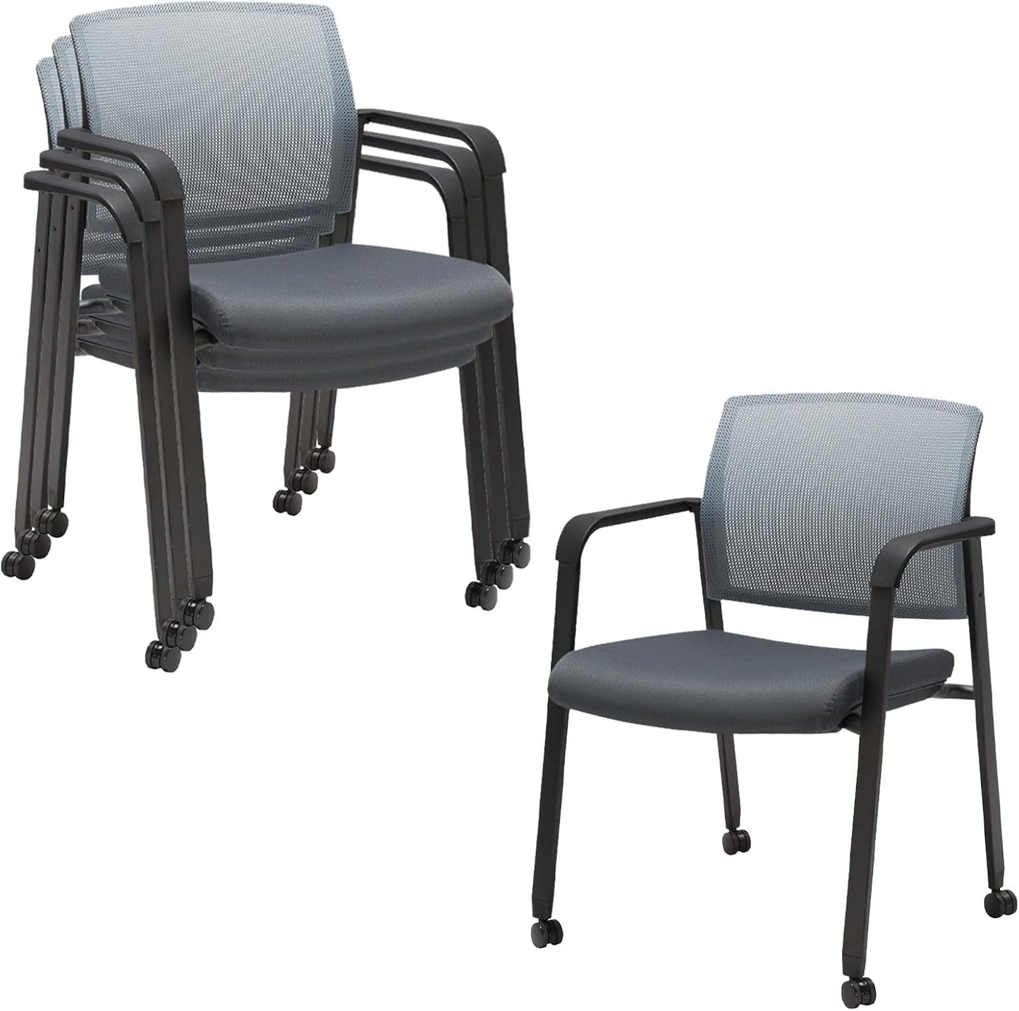 CLATINA Mesh Back Stacking Arm Chairs with Upholstered Fabric Seat and Ergonomic Lumbar Support for Office School Church Guest Reception (WithWheels Gray- 4 Pack)