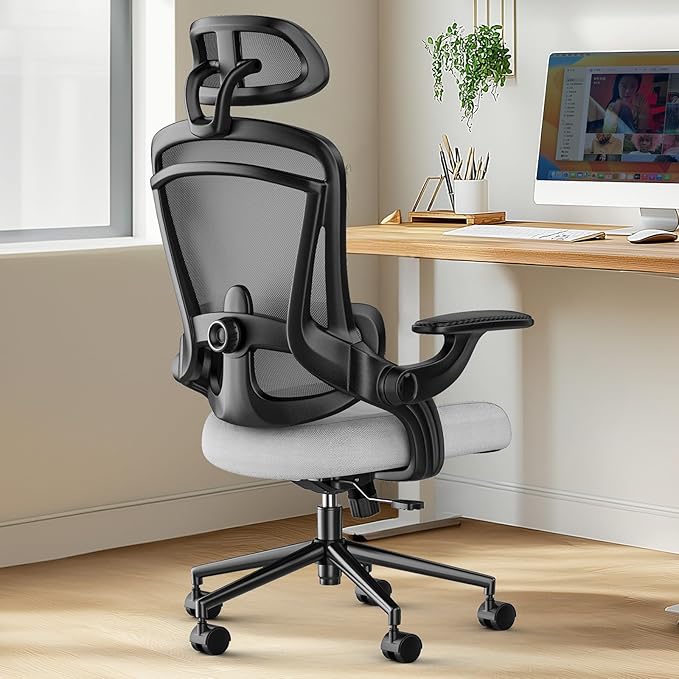 DUMOS Ergonomic Mesh Office Chair - High Back Executive Chair with 2D Headrest & Up&Down Lumbar Support | Adjustable Flip-Up Arms, 330lbs Heavy Duty for Home Office/Gaming (Grey)