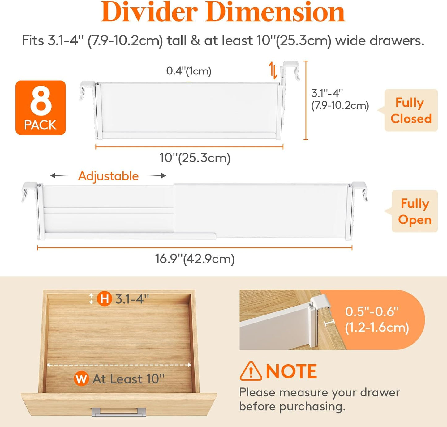 Lifewit Hanging Kitchen Drawer Dividers 3.1" High, 10-17" Adjustable Drawer Organizers for Utensils, Expandable Dresser Separators in Kitchen/Bedroom/Bathroom/Vanity/Office, White(8 Pack)
