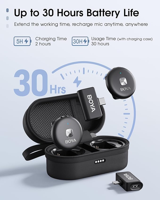 BOYA Omic Wireless Microphone for iPhone/Android with MFi Certified Lightning/USB-C Plug, Noise Reduction, 164ft 30H Battery Life with Charging Case, iPhone Microphone for Video Recording-Black