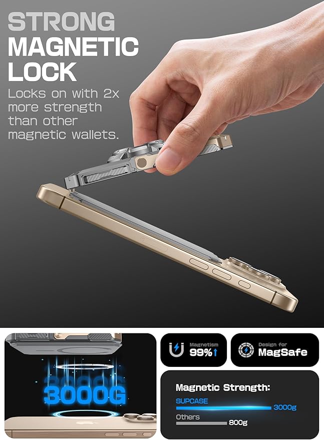 SUPCASE for MagSafe Wallet with AirTag Holder, Magnetic Airtag Wallet for Men, [Hold 5 Cards] [Adjustable Stand] [RFID Blocking] Phone Card Holder Tripod for iPhone 16/15/14/13/12 Series, DesertGold