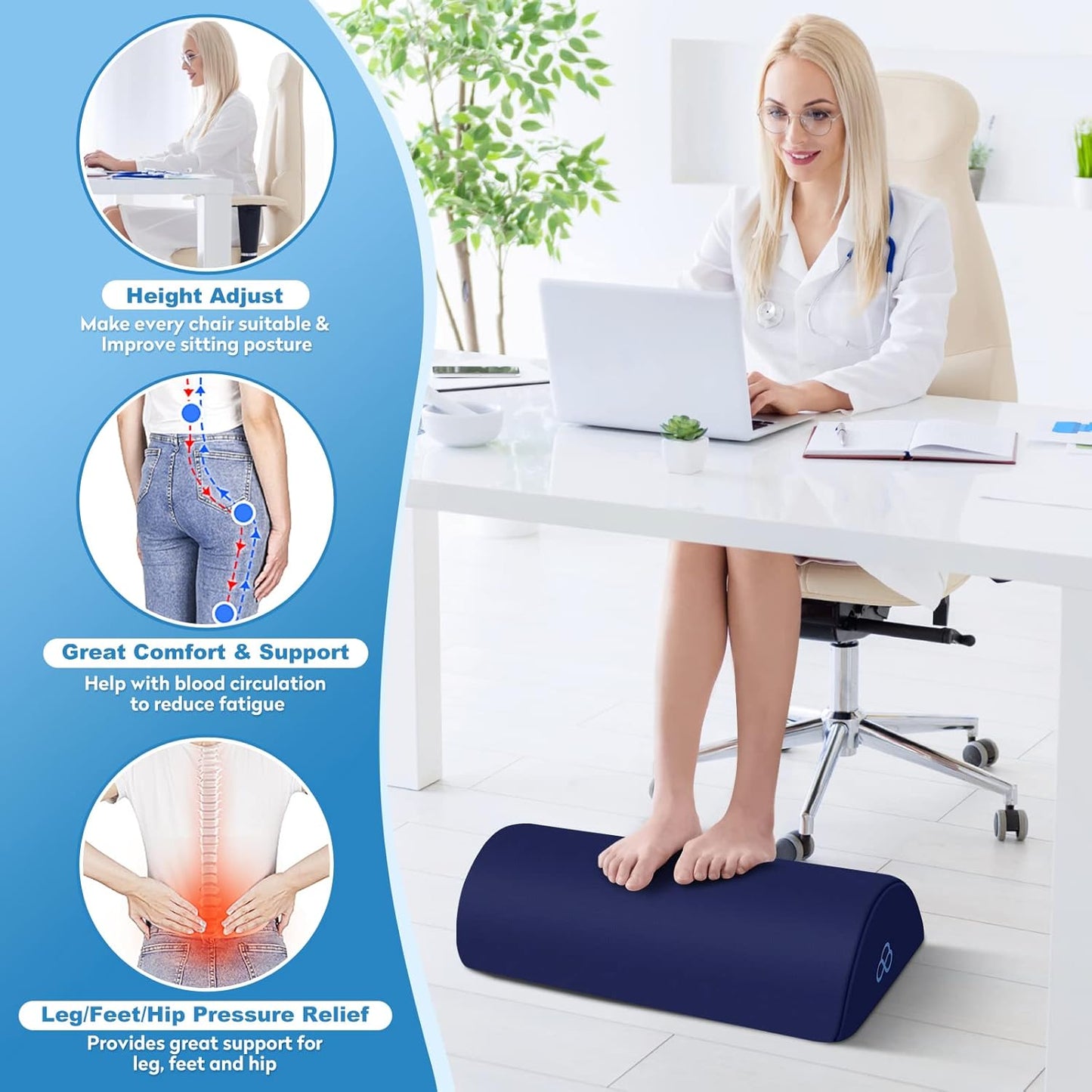StepLively Foot Rest Ergonomic Pillow for Under Desk at Work, Anti-Fatigue Footrest Support Pillow for Fatigue & Pain Relief, Comfortable for Office Chair, Car Seat & Gaming Chair - Blue